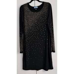 CeCe Black Gold Rhinestone Embellished Long Sleeve Shift Dress XL Cocktail Dress